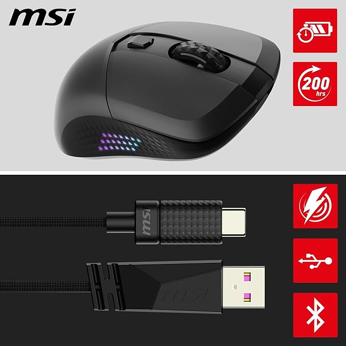 msi Versa 300 Elite Wireless Gaming Mouse - 26000 DPI Optical Sensor 1000 Hz Polling Rate Symmetrical 60M+ Click OMRON Switches 6 Buttons 200-Hour Battery 1ms Latency RGB 65g - Wired/Wireless