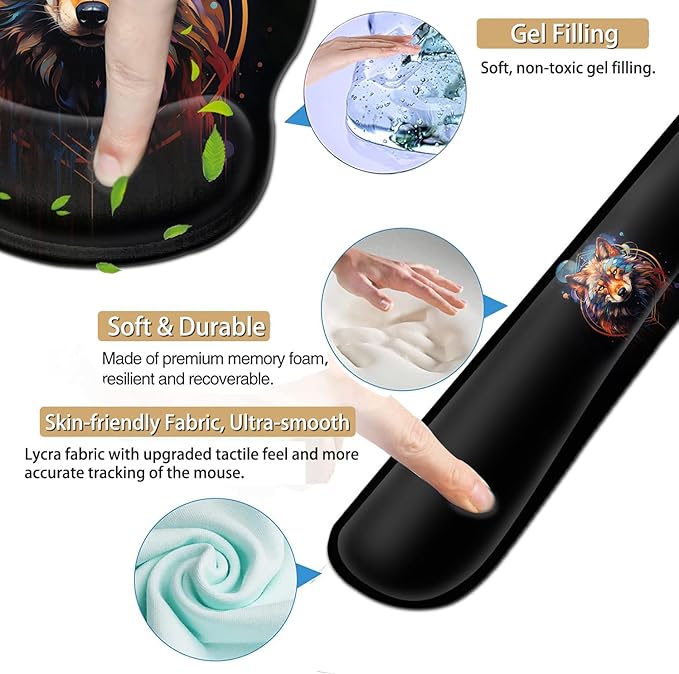 Ergonomic Gaming Mouse Pad Wrist Support and Memory Foam Keyboard Wrist Rest with Anti-Slip Base for Home Office Computer Desk Pad Gel Black Mouse Pad Easy Typing Cool Nebula Wolf Anime Desk Mat