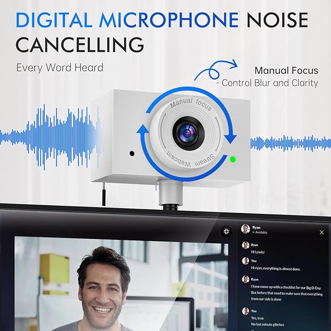 Webcam for PC Laptop Camera USB Webcam with Adjustable Gooseneck Flexible Positioning 1080P Computer Camera for Presentation Desktop Demo Full-Body View Video Call Zoom Teams Skype (White)