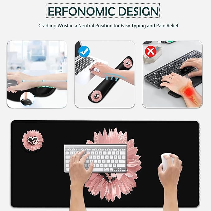 Large Mouse Pad Ergonomic Mouse Pad with Wrist Rest and Keyboard Wrist Rest 4 in 1 Set 31.5 x11.8 inch Extended Desk Pad for Home Office Cute Pink Sunflower Pattern XXL Black Gaming Mouse Mat