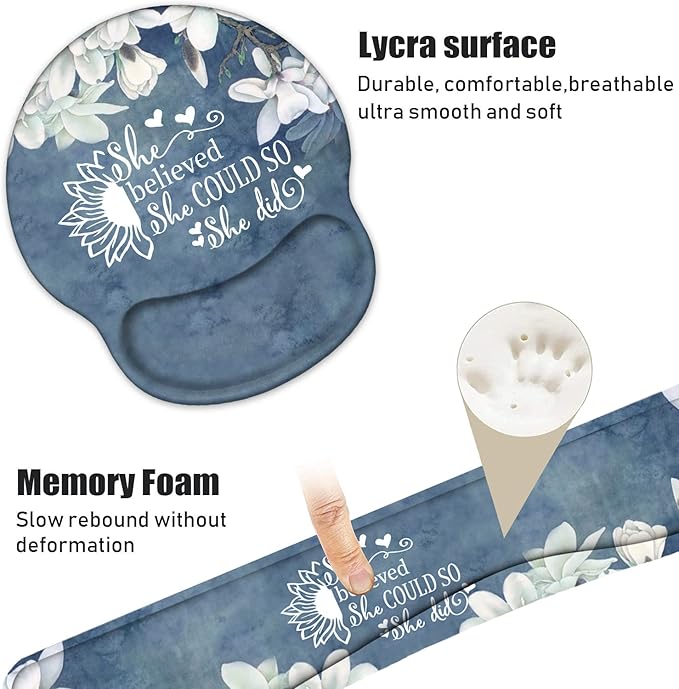 Keyboard Wrist Rest and Mouse Pad Wrist Support Set with Coasters Inspirational Quote She Believed She Could So She Did Wrist Support Mouse Pad with Non-Slip PU Base for Computer Laptop Home Office