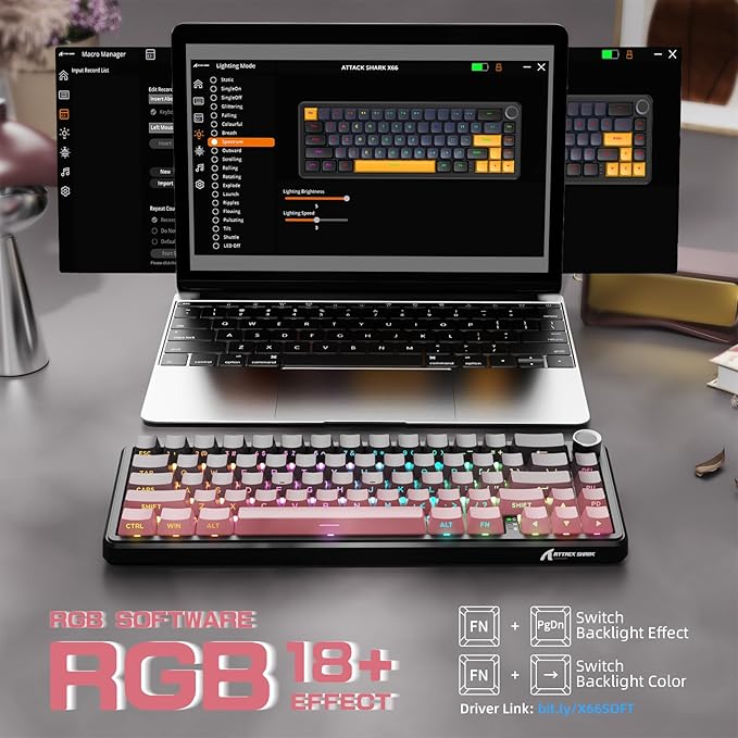 ATTACK SHARK X66 60% Wireless Mechanical Gaming Keyboard with KnobGasket Hot Swappable Custom KeyboardSide Printed PBT KeycapsTri Mode USB-C/BT5.0/2.4G RGB Keyboard with Coiled Cable - BlackBerry