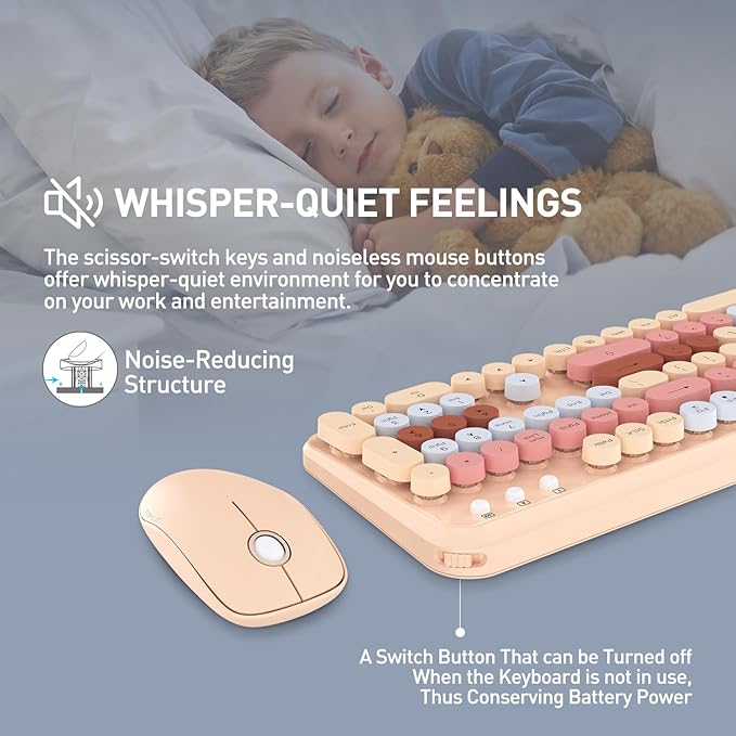 FOPETT Wireless Keyboard and Mouse Combo 105 Keys Full-Sized 2.4 GHz Round Keycap Colorful Keyboards USB Receiver Plug and Play for Windows Mac PC Laptop Desktop (Milkteacolorful)