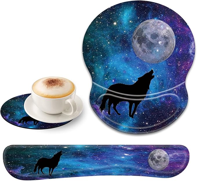 CUISHAN Ergonomic Gel Mouse Wrist Rest Pad and Keyboard Set Anti-Slip PU Bottom Easy Typing Relieve Pain with Cute Coaster Set (3-Fantasy Wolf Moon Galaxy)