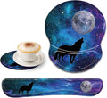 CUISHAN Ergonomic Gel Mouse Wrist Rest Pad and Keyboard Set Anti-Slip PU Bottom Easy Typing Relieve Pain with Cute Coaster Set (3-Fantasy Wolf Moon Galaxy)