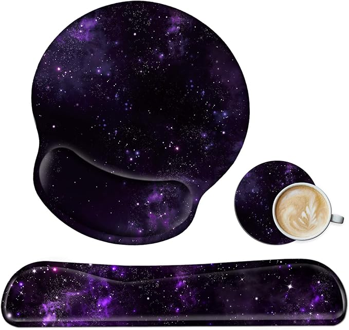 Keyboard Wrist Rest and Mouse Wrist Rest Pad Set Made of Memory Foam with Non Slip Rubber Base Ergonomic Gel Wrist Rest for Computer Keyboard Gaming Office Working with Purple Galaxy Coaster