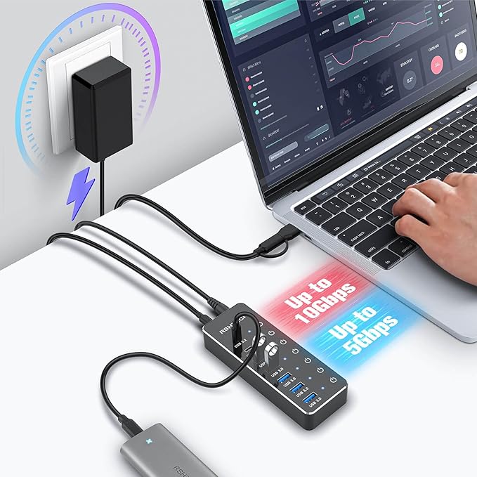 RSHTECH 7-Port Powered USB 3.2/USB C Hub with 10Gbps USB-A 3.2 2 USB-C 3.2 4 USB 3.0 Ports Individual Touch Switches 3.3ft Cable and 5V Power Adapter USB Hub Splitter for Laptop/PC RSH-ST07C