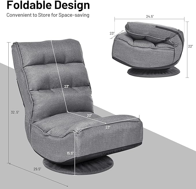 Rainfally 360-Degree Swivel Floor Sofa Chair Folding Gaming Chair w/ 5-Position Adjustable Backrest &amp Comfortable Sponge Padded Lazy Sofa Lounge Chair for Reading TV Watching or Gaming (Gray)