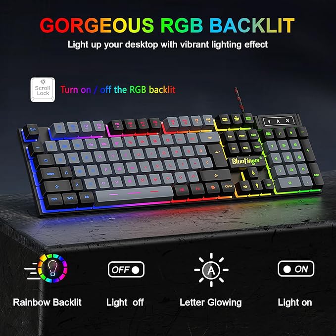 BlueFinger RGB Gaming Keyboard and Backlit Mouse Combo USB Wired LED Gaming Set for Laptop PC Computer Game and Work(Black &amp Gray)