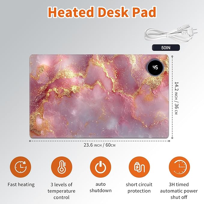 Heated Mouse PadWarm Desk Pad with 3 Levels Heating &amp 3 Hours Auto Shut-Off PU Leather Heated Desk Pad Warmer Pad for Home Office - 23.6 x 14.2 inchPink Gold Marble