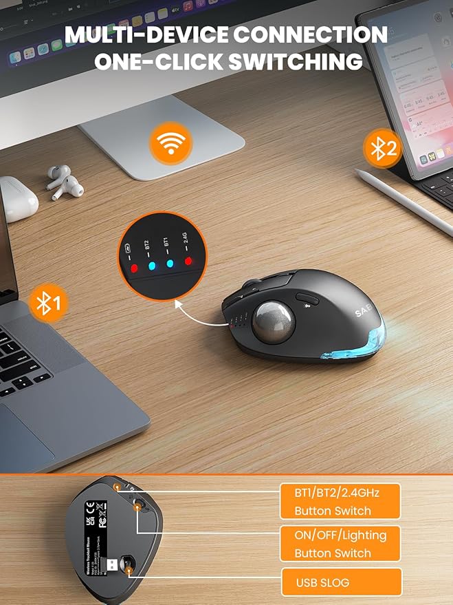 SABLUTE MAM1 Pro Wireless Trackball Mouse Hard Travel Case (Include) Ergonomic Bluetooth Rechargeable Computer Mice with 5 Level DPI Adjustable Angle 3 Devices Connection for PC Mac Windows