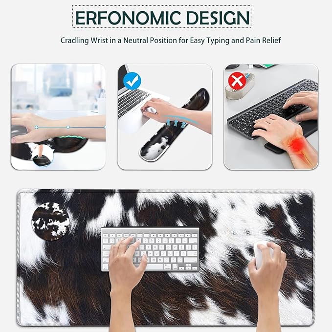 Large Mouse Pad Ergonomic Mouse Pad with Wrist Rest and Keyboard Wrist Rest 4 in 1 Set 31.5 x11.8 inch Extended Desk Pad for Home Office Cute Funy Faux Black Brown Cowhide Fur XXL Gaming Mouse Mat