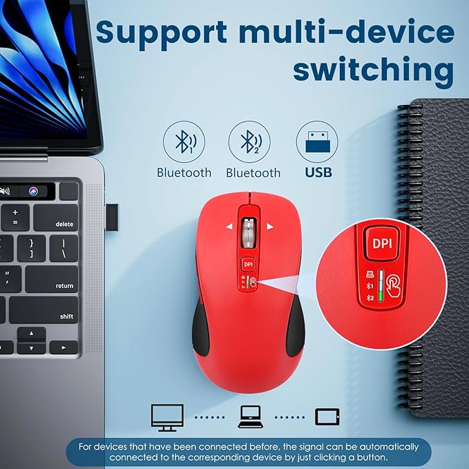 Wireless Bluetooth Mouse (USB + BT1 + BT2) Full Size 4-Way Scrolling Multi-Device Silent Mouse for Computer Laptop iPad MacBook (Red)