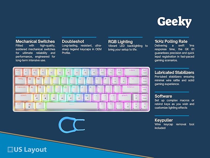 Geeky GK65 SE 65% | Mechanical Gaming Keyboard | 68 Keys Multi Color RGB LED Backlit for PC/Mac Gamer | ANSI US American Layout (White Mechanical Brown)