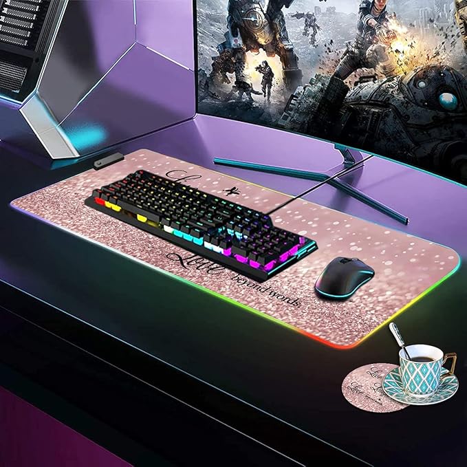 RGB Gaming Mouse Pad with Cup Coaster Large Glowing LED Mouse Pad Anti-Slip Rubber Base Computer Keyboard Desk Mouse Mat 31.5 X 11.8 Inch Quote Live Every Moment Laugh Every Day Love Beyond Words