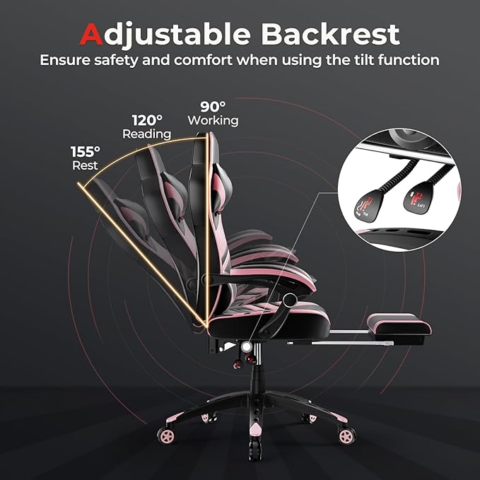 POWERSTONE Gaming Chair Video Game Chair with Footrest and Lumbar Support Racing Style PU Leather Computer Chair Ergonomic Adjustable Swivel Task Chair Pink