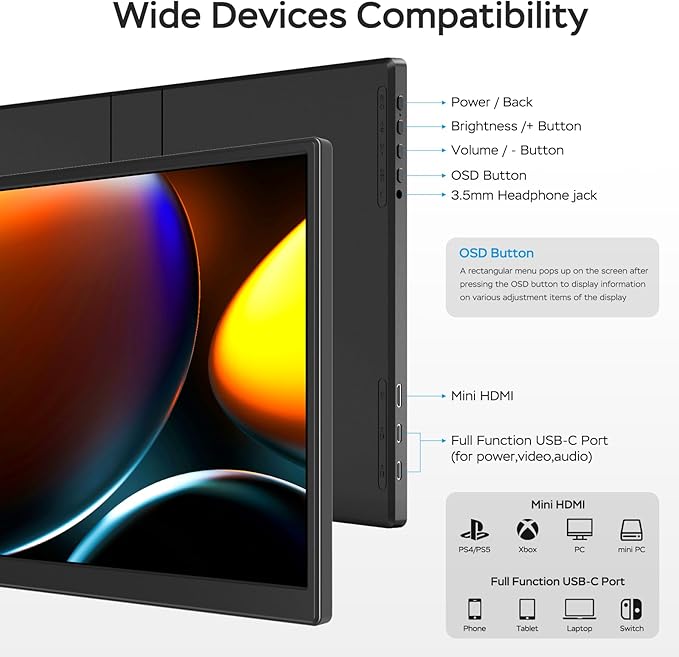 WGK Portable Monitor 14 Inch FHD1200P Ultra-Slim for Laptop Monitor USB-C HDMI Plug&ampPlay100% SRGB External monitoDual Speakers Extender Display. with Stand for LaptopPC Phone Xbox PS4/5
