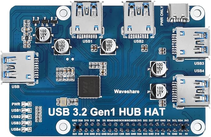 Waveshare USB 3.2 Gen1 HUB HAT Compatible with Raspberry Pi 5/4B/3B/Zero/Zero W/Zero 2W/Pico/Pico W/Pico WH 4X USB 3.2 Gen1 Ports No Driver Required