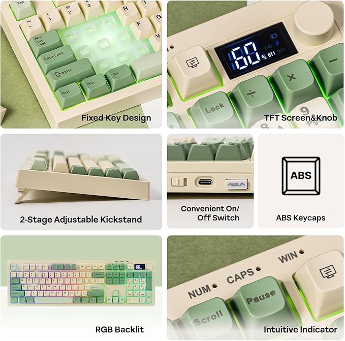 EPOMAKER Aula S102 PRO Membrane Gaming Keyboard with TFT Screen Volume Knob &amp Number Pad BT/2.4G/USB RGB Backlit Creamy Silicone Structure Silent Keyboard for PC Game/Office (Yellow)
