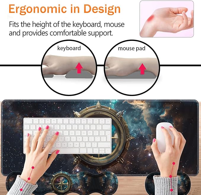 Large XXL Gaming Desk Mat 31.5x 11.8 Ergonomic Keyboard Wrist Rest &amp Mouse Pad Wrist Rest + Coaster Set Non-Slip Base Memory Foam Office and Home Space Compass