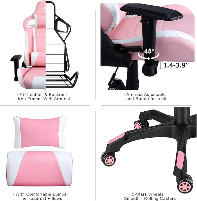 Leopard Gaming Chair High Back PU Leather Office Chair Adjustable Video Gaming Chairs Swivel Racing Chair with Adjustable Armrest (White/Pink)