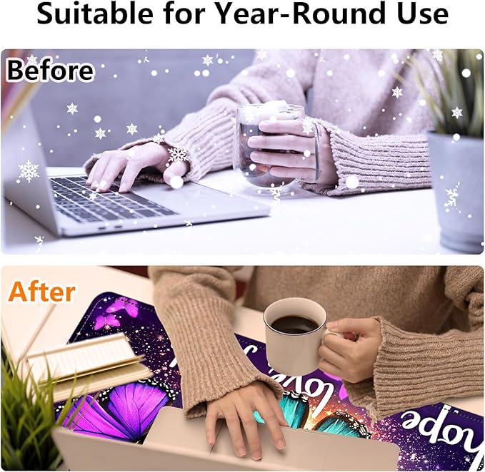 Heated Mouse Pad - 3 Temperature Settings (86°F–122°F)Auto Shut OffLarge 31.5x13 Inch PU Leather Desk Mat for OfficeGamingCold Hands ReliefPurple Butterflies