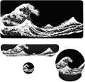 Wave Mouse Pad Set Japanese Black White Mount Fuji Kanagawa Gaming Mousepad 4in1 Desk Mat for Desktop Anti-Slip XXL Big Computer Ergonomic Mousepad with Wrist Support for Keyboard and Mouse