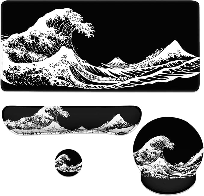 Wave Mouse Pad Set Japanese Black White Mount Fuji Kanagawa Gaming Mousepad 4in1 Desk Mat for Desktop Anti-Slip XXL Big Computer Ergonomic Mousepad with Wrist Support for Keyboard and Mouse