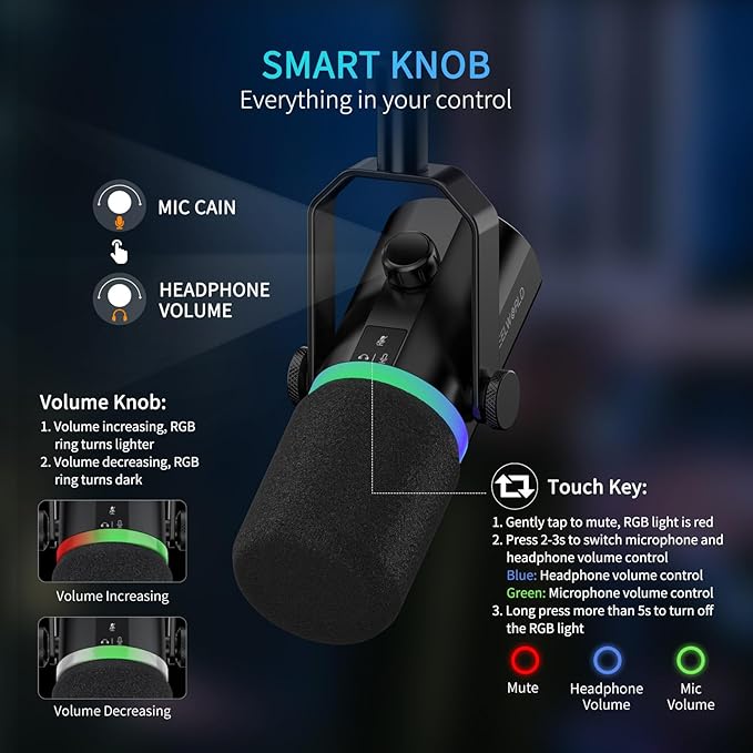 FEELWORLD PM1 XLR USB Dynamic Microphone with Desktop Stand Gifts for Podcast Recording PC Computer Gaming Live Streaming Vocal Voice-Over Studio Metal Mic RGB Light Mute Button Headphones Jack