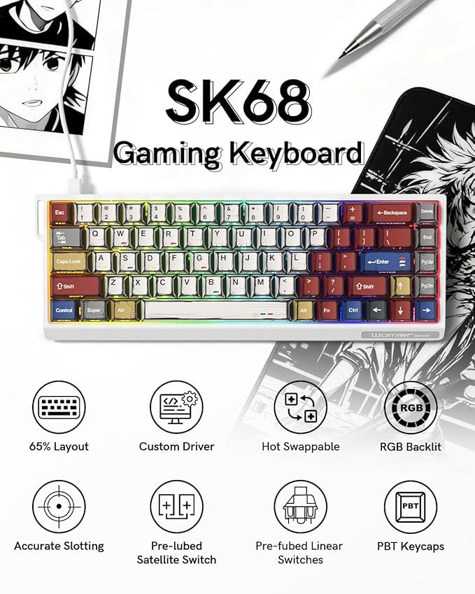 SK68 65% Gaming Keyboard Wired Backlit Mini Keyboard w/100% Hot-Swap Socket 68 Keys Aluminum Gaming Wired Keyboard for PC Laptop Game
