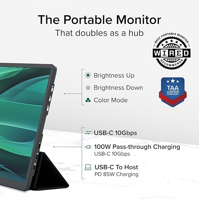 Plugable 15.6 USB-C Portable Monitor with 100W Pass-Through Charging | 2X USB-C 10Gbps Hub | FHD 1920x1080 IPS Display for Mac Windows iPad Smartphone | 1.85lbs Travel Cover/Stand Included