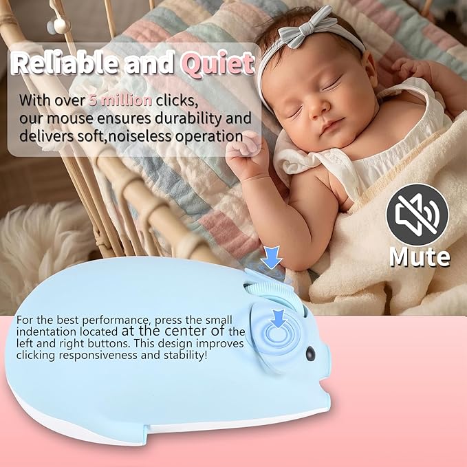 Cute Pig Design Wireless Mouse - Dual Mode Bluetooth &amp USB Silent Operation Ergonomic Ideal for Laptops &amp PCs for Animal Lovers and Family (Blue)