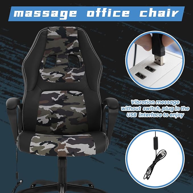 High-Back Racing Gaming Chair with Massage Lumbar Support - Ergonomic Adjustable Swivel - Black PU Leather - Perfect for Home Office or Gaming (Camo)
