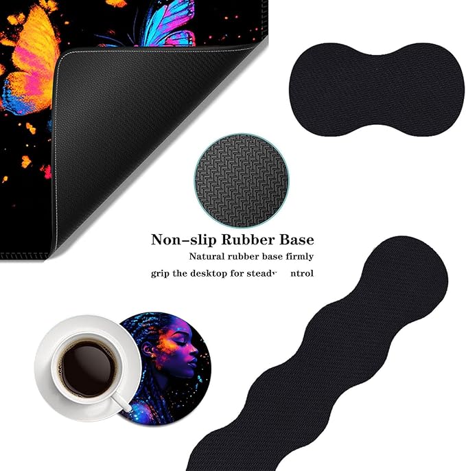 Mouse PadLarge Desk Mat Set 4in1 XL Mousepad + Keyboard Wrist Rest+Mouse Wrist Rest+Coaster with Ergonomic Desk Pad for Home Office Table Computer Cover -Neon Woman with Butterflies