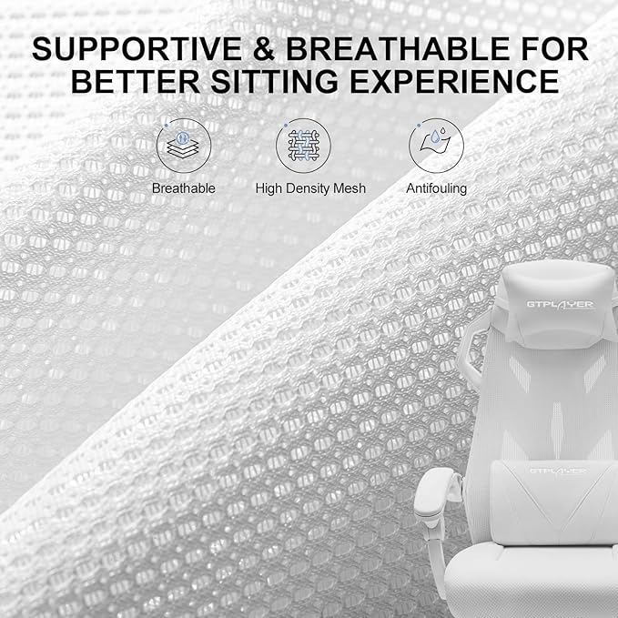 GTPLAYER Gaming Chair Computer Chair with Mesh Back Ergonomic Game Chair with Footrest Reclining Game Chair with Adjustable Headrest and Lumbar Support for Gaming and Office (White)