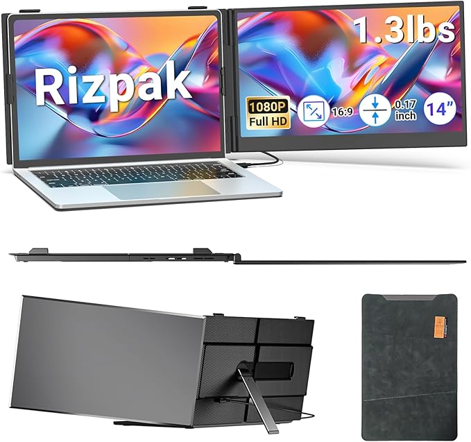 Laptop Screen Extender 14” FHD 1080P Portable Monitor for Laptop 1.3lbs Ultra-Light Dual Monitor USB-C Plug &amp Play Travel Monitor Extender for 13”-17” Windows/Mac/Android/Chrome