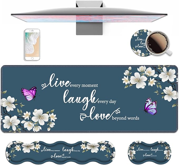 4 in 1 Ergonomic Keyboard Wrist Rest &amp Mouse Pad Wrist Rest Set Large XXL Gaming Desk Mat 31.5x 11.8 with Non-Slip Base Memory Foam for Home Office Study Gaming Floral Quote Live Laugh Love