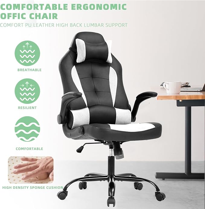 Big &amp Tall Ergonomic PU Leather Adult Gaming Chair - White