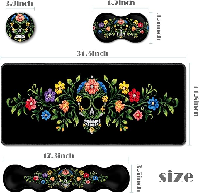 Ergonomic Keyboard Wrist Rest &amp Mouse Pad Wrist Rest SetXL Gaming Desk Mat 31.5x 11.8Non-Slip BaseMemory FoamEasy Typing Pain Relief for Office &amp HomeFloral Skull