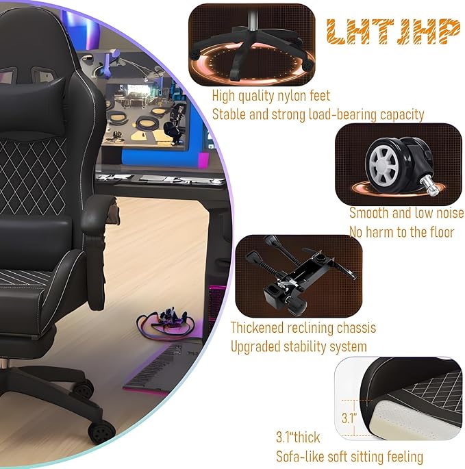 Gaming Chair with Footrest for AdultsErgonomic Computer Chair High Back Reclining Game Chair Pu Leather 350LBSHeight Adjustable Swivel Gamer Chair for GamingBlack