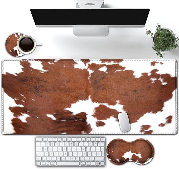 Large Gaming Mouse Pad Extended Waterproof Desk Pad Protector (31.5 x 11.8) Ergonomics Memory Foam Mouse Wrist Rest Supportfor Home Office Laptop Easy TypingBrown White Cowhide Fur XXL Mouse Mat