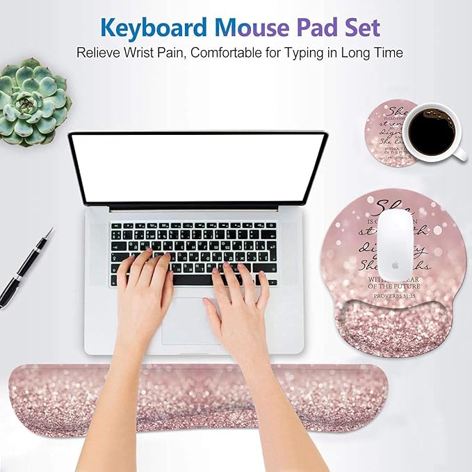 Keyboard Wrist Rest and Mouse Wrist Rest Pad Set with Coasters Non-Slip Rubber Base Ergonomic Gaming Mousepad for Home Office Working Studying Easy Typing &amp Pain Relief Bible Verse Proverbs 31:2