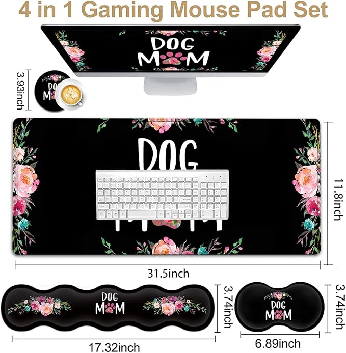 Gaming Mouse Pad Large XXL Mouse PadLarge Mouse Pad with Stitched EdgeNon-Slip Desk Pad Ergonomic Keyboard Wrist Rest Anime Mouse Pad Cute Dog Mom Floral Design Black Desk Mat for Computer Laptop