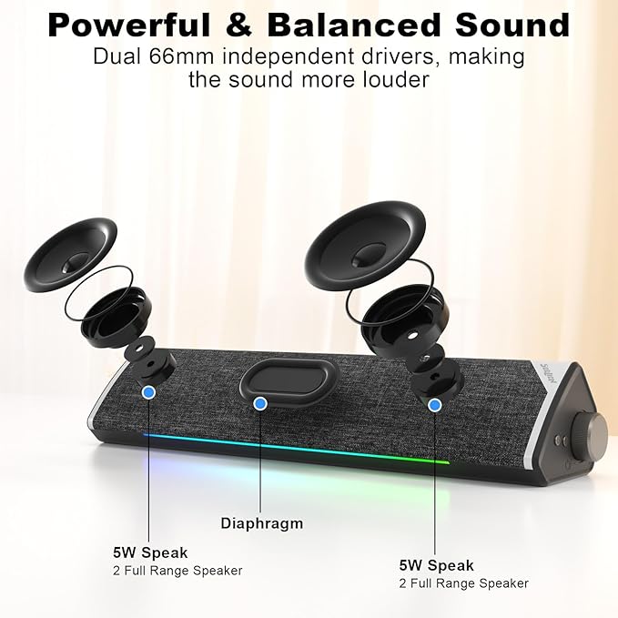 SOULION Computer Speakers USB-Powered Bluetooth PC Soundbar with Dynamic RGB LED Lights Surround Sound for Desktop Laptop Office Work Music &amp Gaming Black (USB-C to USB Adapter Included)
