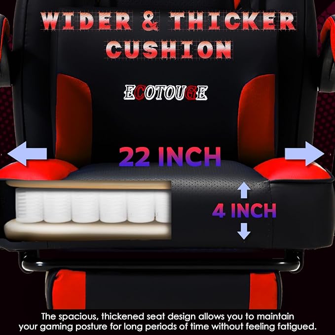 ECOTOUGE Massage Gaming Chair Big and Tall Gaming Chair with Lumbar Support &amp Footrest Ergonomic Gamer Chair with Reclining High Back 360° Swivel Gaming Computer Chair Red