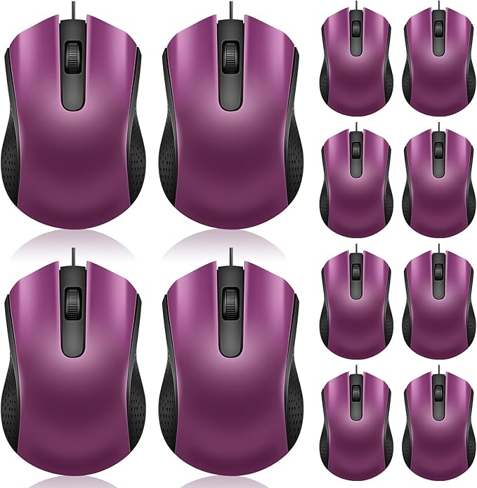 Hoteam 12 Pcs Purple Wired Computer Mouse Bulk Cord USB Computer Mice Ergonomic Wired Mouse for Pcs Computers Laptops Gaming Office Home Supplies