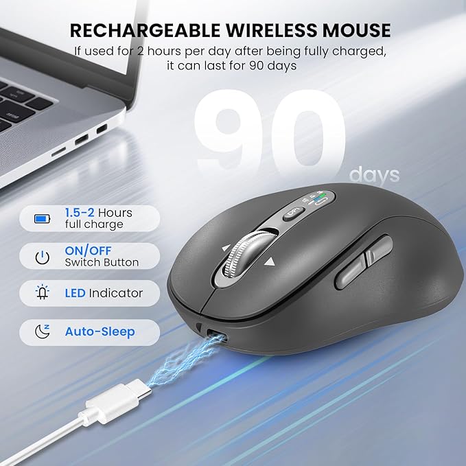 Wireless Bluetooth MouseMulti Device Ergo Computer MousesMetal 4-Way Super Scrolling± 3200 DPI10 ButtonsPlug&ampPlayQuietRechargeableUSB Cordless Mice for LaptopTabletMaciPadPCPhone All