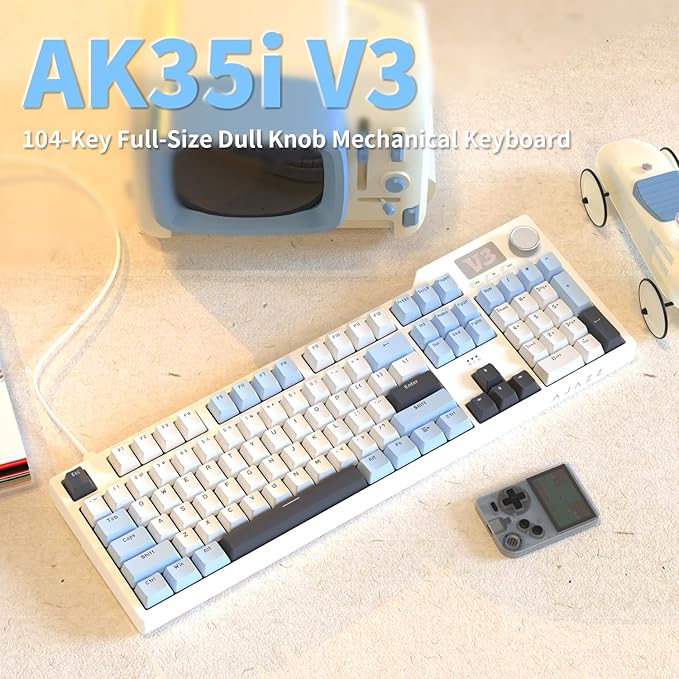 AJAZZ AK35I V3 104-Key Full Size Wired Gasket Mount Gaming Keyboard with Multimedia Buttons &amp Knob Control | Five Layer Pad | OEM Profile PBT Keycaps | Blue Backlit Custom Keyboard