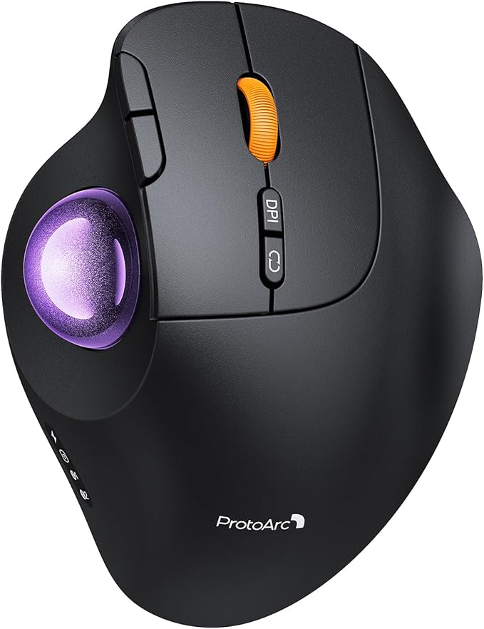 ProtoArc Wireless Bluetooth Trackball Mouse EM02 Two Adjustable Angle Ergonomic Rechargeable Computer Ball Mouse 3 Device Connection Thumb Control and Smooth Tracking for Laptop PC Mac-Purple