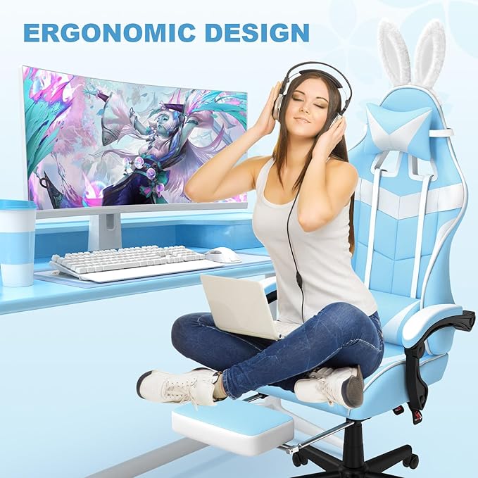 Soontrans Light Blue Gaming Chair with FootrestLovely Cute Bunny Computer Gamer ChairKawaii Desk Chair for GranddaughterSisterGirlfriendWife and Love